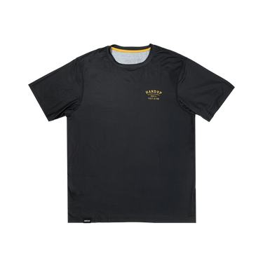 Black t-shirt with yellow text on a white background