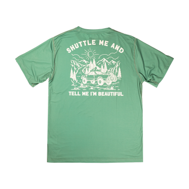 Green t-shirt with white graphic and text on a white background