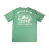 Green t-shirt with white graphic and text on a white background