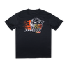 Black t-shirt with a graphic design of a helmet and flames on the back, on a white background.