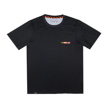 Black t-shirt with a logo on a white background