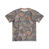 Camouflage-patterned t-shirt with brand logo on a white background