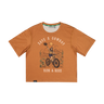 Orange t-shirt with graphic design and text on a white background