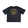 Black t-shirt with gold graphic and text on a white background