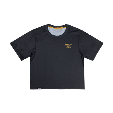 Black t-shirt with a logo on a white background