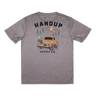 Gray t-shirt with a graphic design on the back featuring a truck and trees, with 'Handup Supply Co.' text.