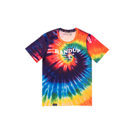 Colorful tie-dye t-shirt with 'Handup' text on a white background