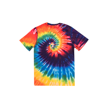 Colorful tie-dye t-shirt with a spiral pattern on a white background