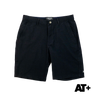Black shorts with a brand logo on a white background