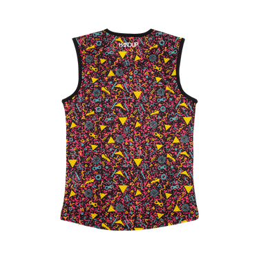 Colorful sleeveless shirt with geometric pattern on a white background