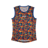 Colorful sleeveless shirt with nature-themed pattern on a white background