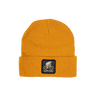 Yellow beanie with a black patch featuring a logo and text on a white background
