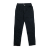 A pair of plain black jeans laid out flat on a surface.