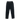 A pair of plain black jeans laid out flat on a surface.