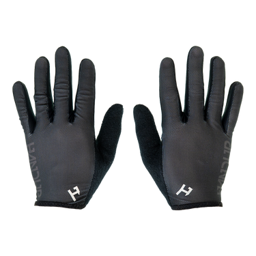 Pair of black gloves with a brand logo on a white background