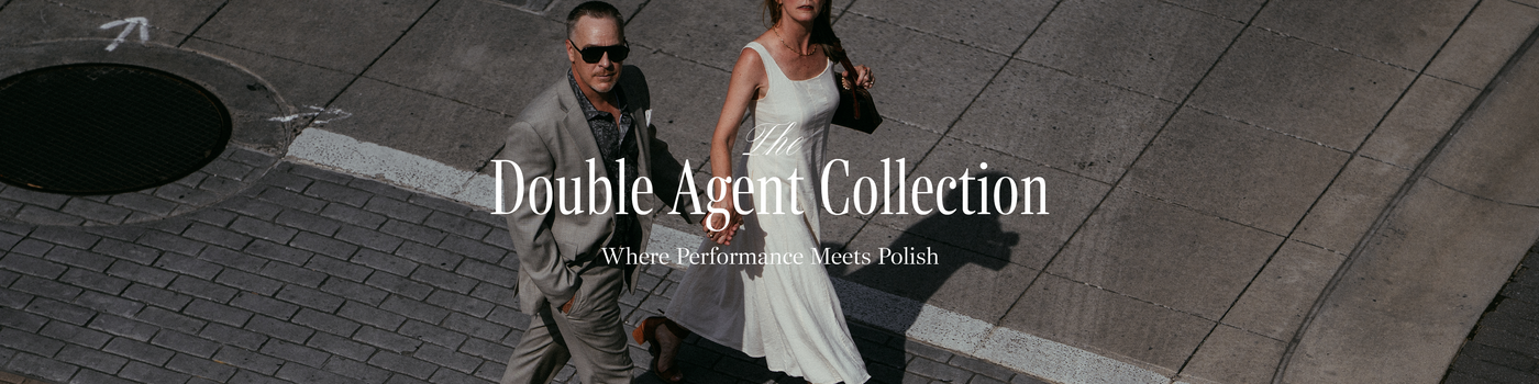 Two people walking on a street with 'The Double Agent Collection' text overlay.