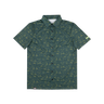 A short-sleeve button-up shirt in dark green with an all-over light green dinosaur pattern, shown flat against a white background.