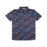 Navy blue shirt with colorful abstract pattern on a white background
