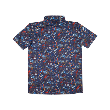 Short-sleeve shirt with a colorful pattern on a white background