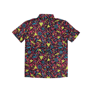 button up shirt with a pink, yellow and blue geometric pattern on a white background