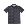 button up shirt with a dinosaur and UFO pattern on dark blue fabric with a white background