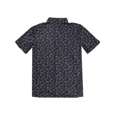 button up shirt with a dinosaur and UFO pattern on dark blue fabric with a white background