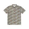 Short-sleeve shirt with nature-themed pattern on a white background