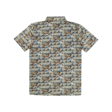 Short-sleeve shirt with nature-themed pattern on a white background