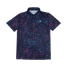 Short-sleeve shirt with colorful splatter pattern on a white background