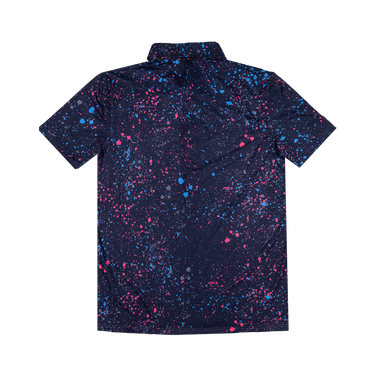 Back view of a dark blue shirt with pink and blue splatter pattern on a white background