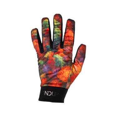 Colorful tie-dye glove with a brand logo on a white background