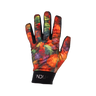 Colorful tie-dye glove with a brand logo on a white background