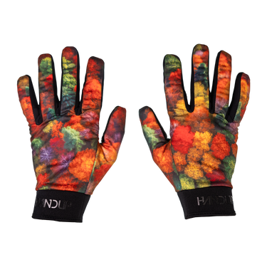 Colorful gloves with a tie-dye pattern on a white background