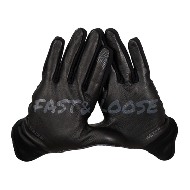Black leather gloves with 'Fast & Loose' branding on a white background