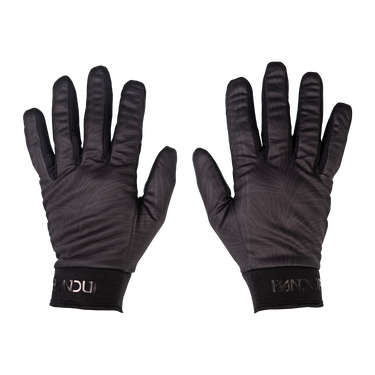 Pair of black gloves with brand logo on a white background