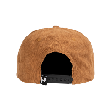 The back view of a brown corduroy baseball cap with a black adjustable snapback closure featuring a white stylized 'H' logo.