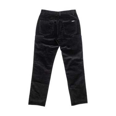 Black velvet pants shown from the back, featuring a straight-leg fit, belt loops, and two back pockets on a solid white background.
