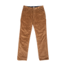 A pair of brown corduroy pants laid flat against a solid white background.