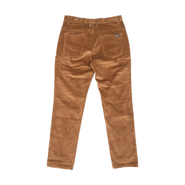 A pair of brown corduroy trousers shown from the back, featuring a classic five-pocket design and a small black brand label on the right pocket, set against a plain white background.