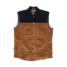 A sleeveless corduroy vest with a color-blocked design, featuring a black quilted yoke and collar, and a brown corduroy body with silver snap buttons down the front.