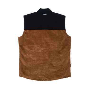 A sleeveless mock neck vest shown from the back, featuring a solid black upper yoke and a brown textured lower body, photographed flat on a white background.