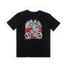 A black short-sleeve t-shirt with a large graphic print on the front showing a skeleton riding a motorcycle over a red patterned background, with the text 'HANDS GLOVES SHIRTS' in white above it.
