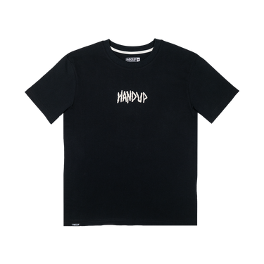 A black short-sleeve crewneck t-shirt with a stylized white 'HANDUP' graphic printed on the chest, displayed flat against a solid white background.
