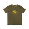 An olive green short-sleeve t-shirt with a yellow graphic on the chest featuring a horse and the text 'HANDUM HORSE POWER'. The brand 'HOF' is visible on the inner neck label and a small hem tag.