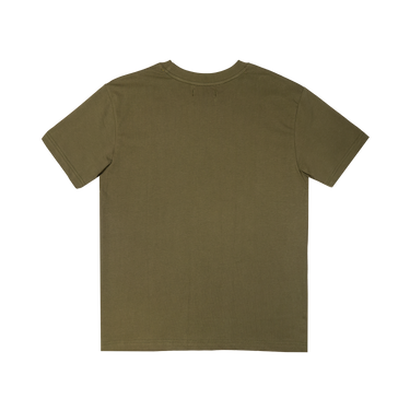 An olive green short-sleeve t-shirt shown from the back, laid flat against a solid white background.