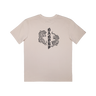A light beige crewneck t-shirt with a black graphic on the chest depicting two stylized tigers facing each other, with the vertical text 'HAND' integrated between them.