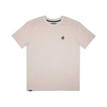 A light beige crewneck t-shirt with a small black embroidered letter 'H' on the left chest, displayed flat against a solid white background.