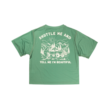 Green t-shirt with white graphic and text on a white background