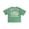 Green t-shirt with white graphic and text on a white background