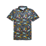 A short-sleeved button-up shirt with a green floral pattern on a dark background, designed for girls.